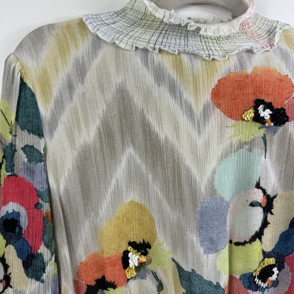 Anthropologie Blank London Floral Watercolor Top XS Smocked Sequin Chevron Boho - Picture 9 of 16